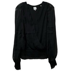 Halston Heritage 8 Black Silk Sheer Long Sleeve Smocked Hem Blouse R6